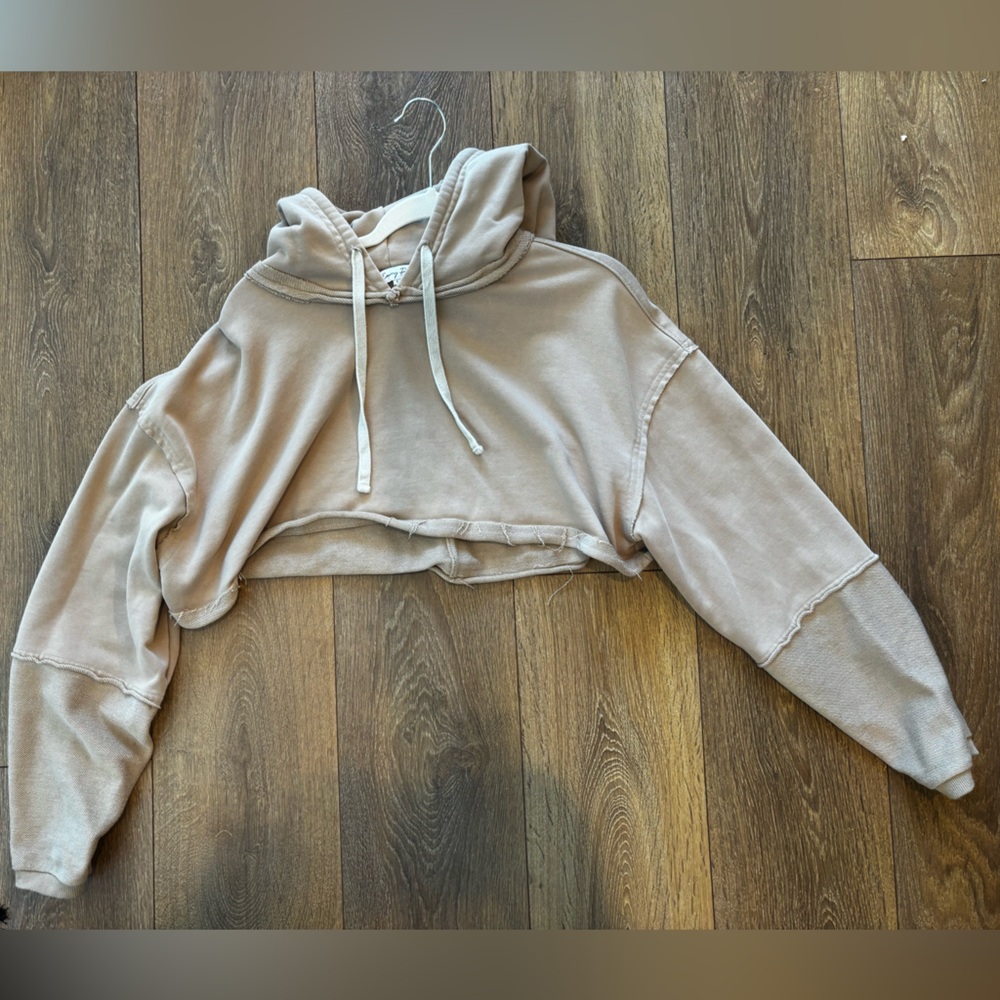 Emory Park Cropped Distressed Tan Hoodie Size Large - Picture 4 of 4